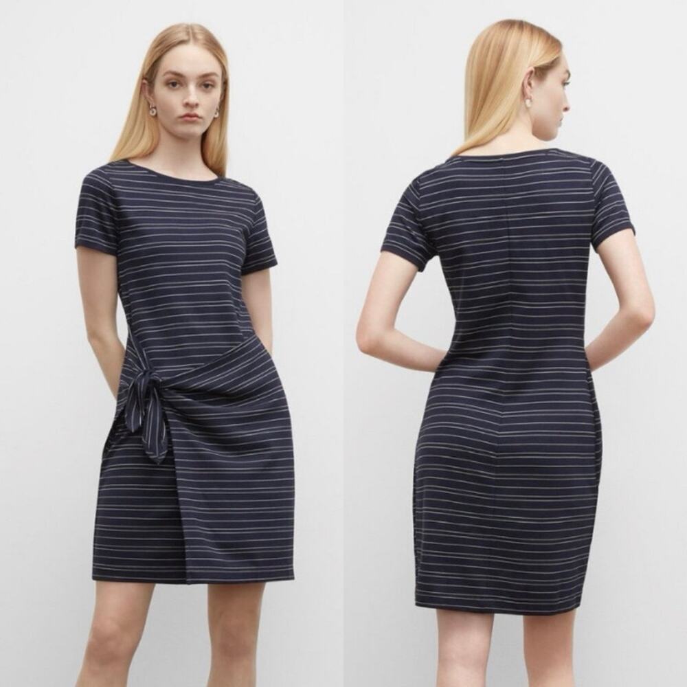 Club Monaco Twansia Faux Wrap Dress S Navy Blue White Striped Short Sleeve Knit